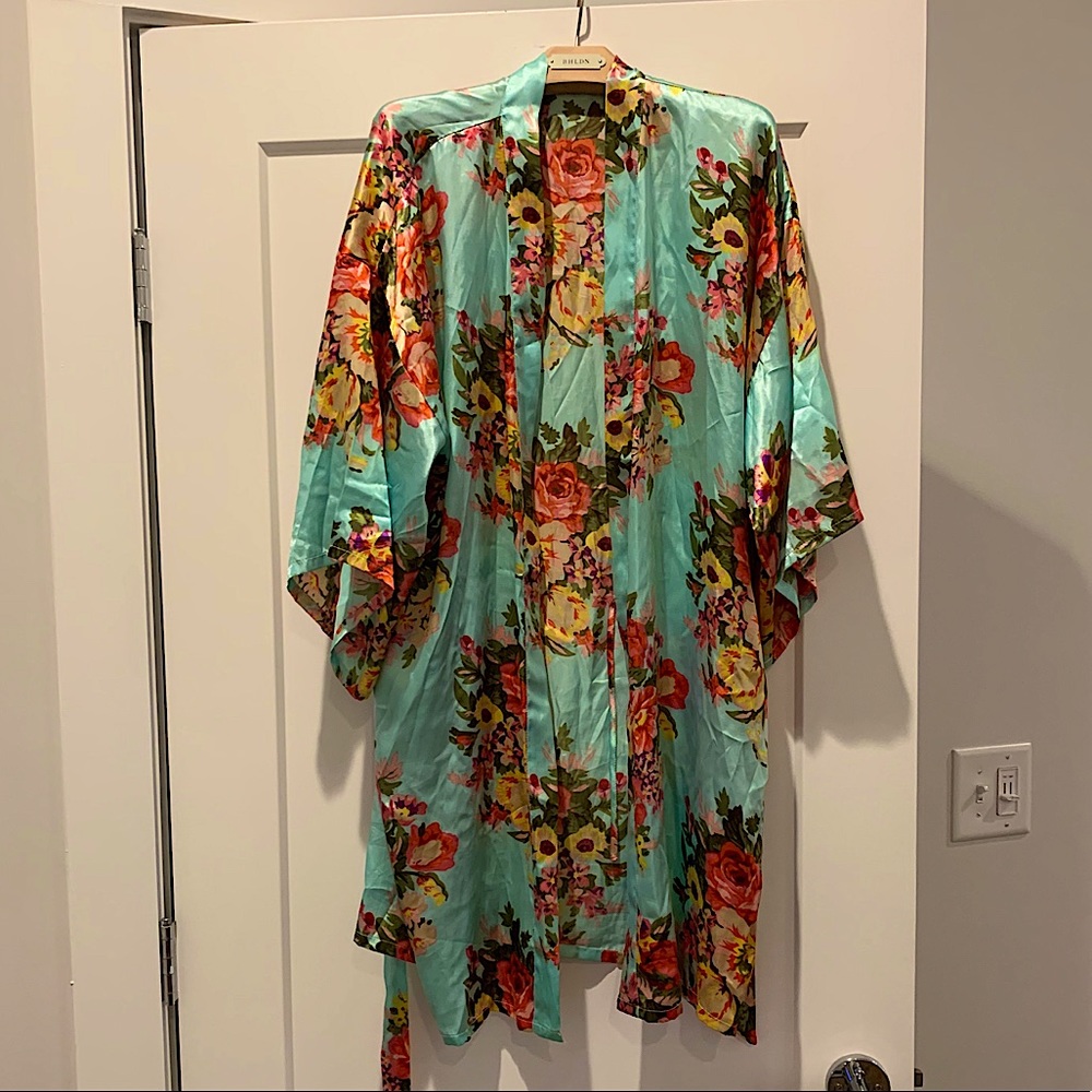 Satin Light Blue Floral Robe